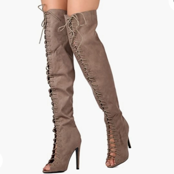 Qupid Women Suede Lace Up Peep Toe Thigh High - Picture 2 of 6